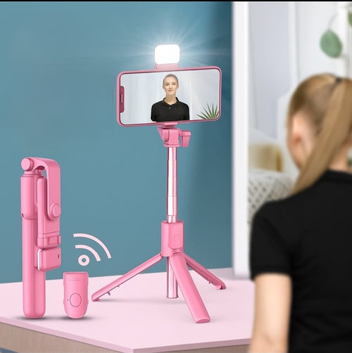 Selfie Stick Telescopic 70cm cu Trepied BT, Lumina si Telecomanda, 360 grade, Bloototh 10m, Portabil, Fotografiere orizontala si verticala, Wireless