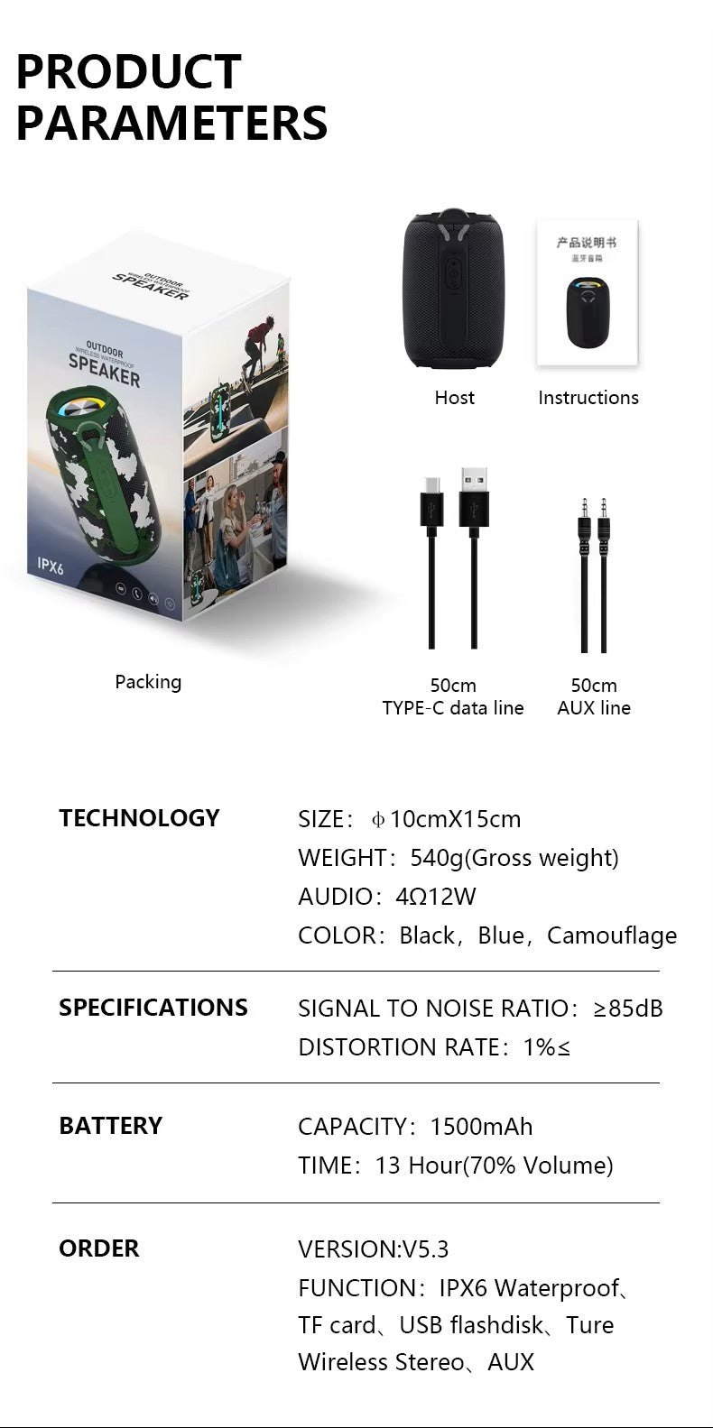 Boxă Portabilă Mini Bluetooth 5.3, 12W, IPX67, 13h Autonomie — USB-C Cadou, Negru