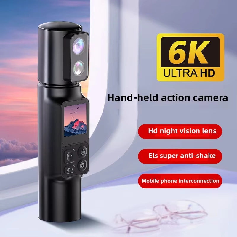 Camera Video Digitala 6K 30FPS, Full HD, Vlogging, WiFi, Stabilizator, rotativa la 350°, Micro SD 32GB Inclus, Ecran de 3.4cm lentila dubla, viziune nocturna, ecran tactil, 2600mAh, Sport, acumulator extra. portabila