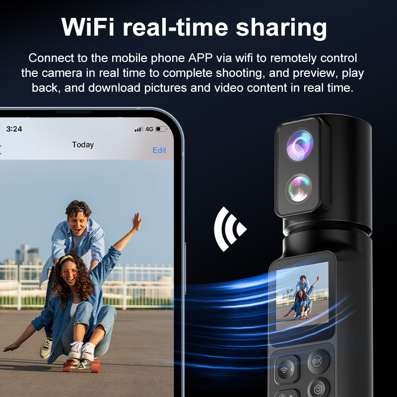 Camera Video Digitala 6K 30FPS, Full HD, Vlogging, WiFi, Stabilizator, rotativa la 350°, Micro SD 32GB Inclus, Ecran de 3.4cm lentila dubla, viziune nocturna, ecran tactil, 2600mAh, Sport, acumulator extra. portabila