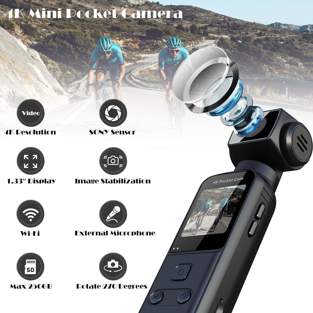 Camera Vlog 4K Ultra HD, Conectivitate Wi-Fi, cu Lentila Wide-Angle de 270°, Card de Memorie de 32GB Inclus, Functii Avansate pentru Creatori de Continut, Capturi Video si Foto de Inalta Calitate, transmisie Wifi, conectare la telefon sau laptop