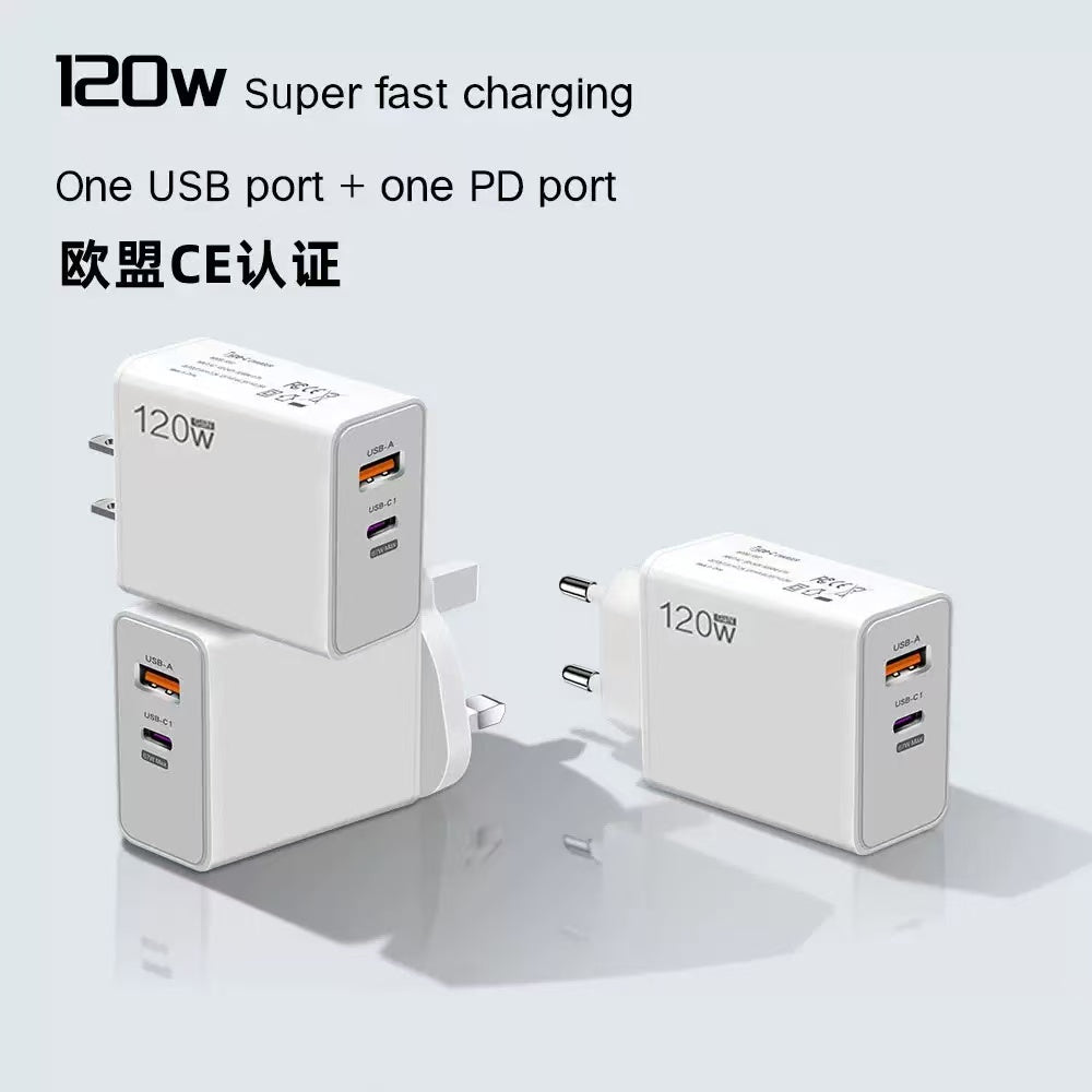 Încărcător super rapid 120W Dual Port (C–C 10A) + cablu USB‑C 6A cadou — Alb