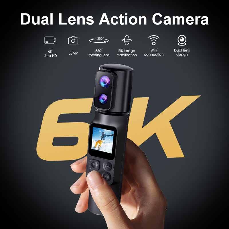 Camera Video Digitala 6K 30FPS, Full HD, Vlogging, WiFi, Stabilizator, rotativa la 350°, Micro SD 32GB Inclus, Ecran de 3.4cm lentila dubla, viziune nocturna, ecran tactil, 2600mAh, Sport, acumulator extra. portabila