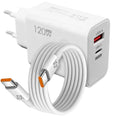 Încărcător super rapid 120W Dual Port (C–C 10A) + cablu USB‑C 6A cadou — Alb