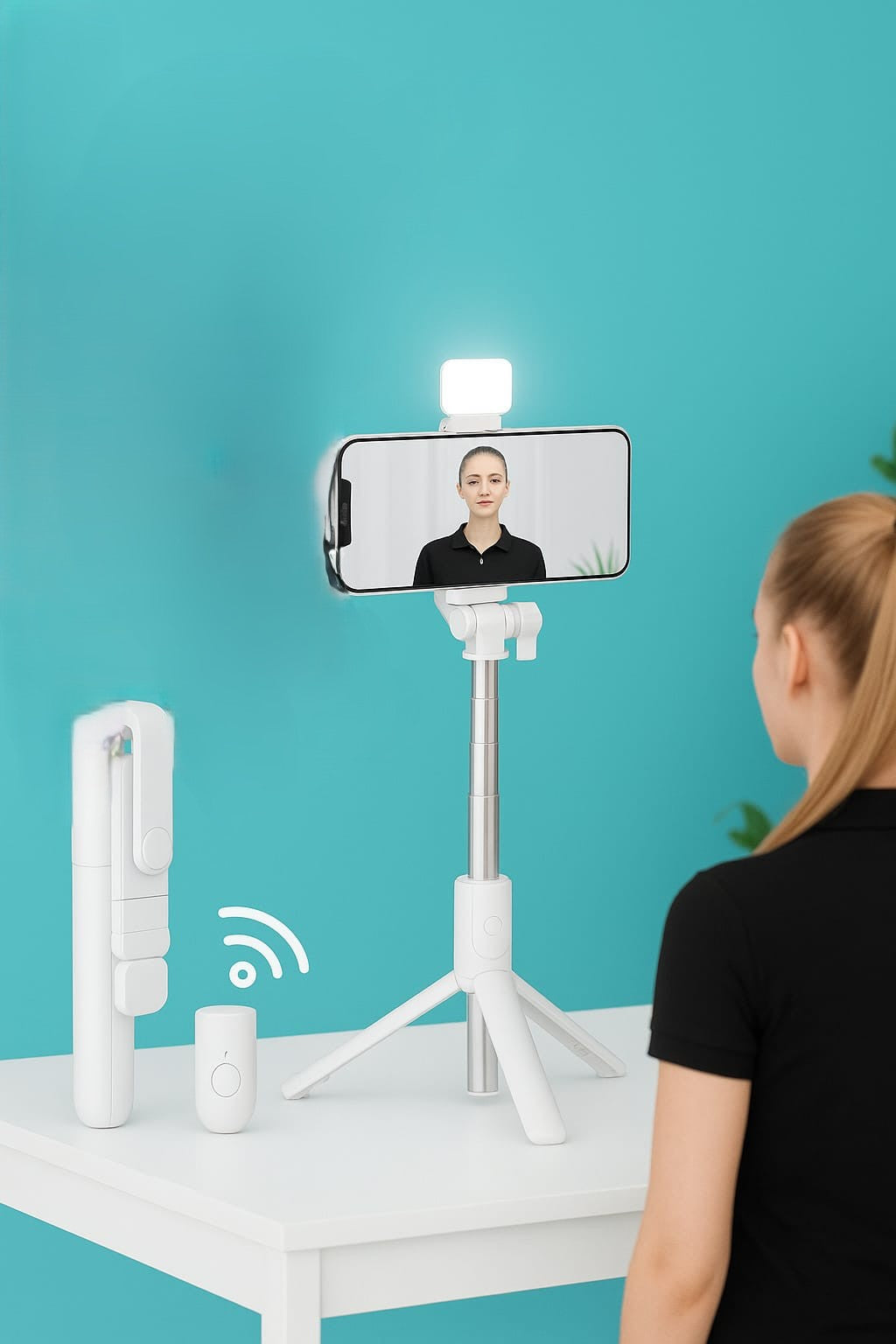 Selfie Stick Telescopic 70cm cu Trepied BT, Lumina si Telecomanda, 360 grade, Bloototh 10m, Portabil, Fotografiere orizontala si verticala, Wireless